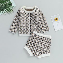 Clothing Sets 2PCS Baby Girls Knitted Sweater Clothes Soft Long Sleeve Button Down Tops Geometric Patterns Print Shorts Suit For Kids