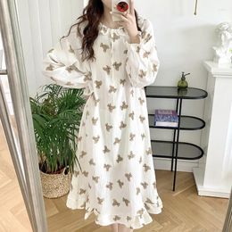 Women's Sleepwear Simple O-neck Cartoon Cute Nightgowns Spring Long Sleeve Bear Sleep Dress Mori Girl Kawaii Sleeping Night Wear