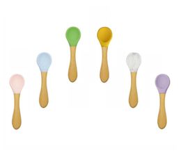 Baby Spoon Silicone Tableware Infant Auxiliary Dinnerware Boys Wooden Handle Kids Training Spoons Household Kitchen Accessories VT3147779