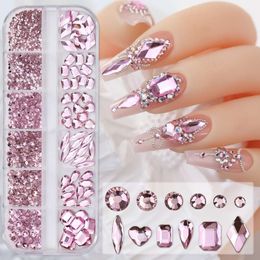 12grids Pink Mixed Charms Glitter Crystal Jewelry Gems Nail Art Decoration Manicure Rhinestones R#Q