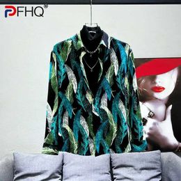 MHBT Men's Casual Shirts PFHQ Mens Colorful Feather Printed Ice Silk Thin Versatile Summer Comfortable Light Luxury Male Outdoor Tops New 21Z4317 240417