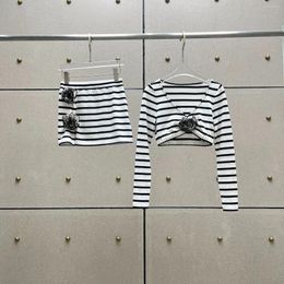 Work Dresses 2024 Spring Summer Sexy Black White Long Sleeve Striped Knit Tops Blouse And Mini Skirt Set For Women