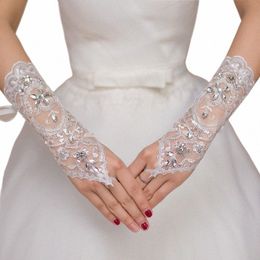 1 Pair White Short of Gloves Wedding Gown Accories Fingerl Gloves Inlaid Rhineste for Bridal Lace Glove S9sx#