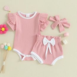 Clothing Sets Cute Ribbed Baby Girls Summer Outfits 3PCS Born Contrast Colors Short Sleeve Romper Shorts Headband Toddler Clothes Set