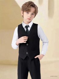 Suits Gentleman Outfits Birthday Costume for Boy Children Spring Autumn Boutique Clothing Set Solid Vest Suit