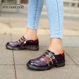 Casual Shoes Genuine Cow Leather Women Brogues Designer Vintage Flat Round Toe Handmade Oxford For 2024 Purple