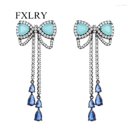 Dangle Earrings FXLRY Arrival Fashion Zirconia Blue Bowknot Long Tassel Drop Earring For Women Bridal Wedding Jewellery