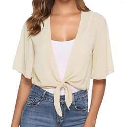 Scarves Women Tie Front Chiffon Blouse Solid Ultra-Thin Short Sleeve Sunscreen Cropped Sheer Bolero Cardigan Blusa Mujer Moda 2024