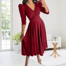 Casual Dresses Women's Elegant Solid Colour Commuter Fashion V Neck Waisted Bubble Half Sleeve Dress Pleated Office Lady