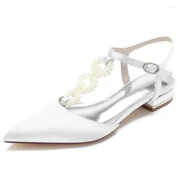 Casual Shoes Satin Pearls Wedding Flats For Bride Pointed Toe T-strap Women Flat Dress Bridesmaids/Prom/Evening/Cocktail