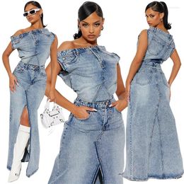 Work Dresses Ladies High Street Wild Temperament Skirt Suit Summer Short Sleeve One-Line Collar Denim T-Shirt & Tight Pocket Bust