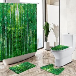 Shower Curtains Green Leaf Bamboo Forest Landscape Curtain Set Spring Plant Scenery Bathroom Bathtub Non-Slip Pedestal Rug Toilet Cover