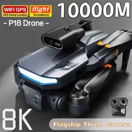 Drones P18 Drone Profesional Brushless GPS 8K HD Triple Camera Optical Flow Positioning Obstacle Avoidance Foldable Quadcopter RC10000M 240416