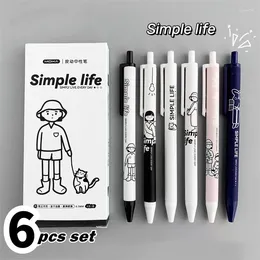 6pcs Simple Life Gel Pens Set Cartoon Design 0.5mm Ballpoint Quick Dry Black Colour Ink For Daily Writing Office School F7069