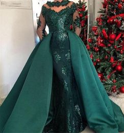 Jewel Neck Long Sleeve Celebrity Prom Gown Abric Dubai Evening Wear Dark Green Mermaid Sequined Evening Dresses with Detachable Tr4487950