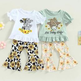 Clothing Sets 6M-4Y Kid Girls Pants Set Short Sleeve Cow Head Letters Print T-shirt With Sunflower Flare
