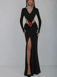 Casual Dresses Women Luxury Sexy Long Sleeve Backless Flower Cotton Black Gowns Celebrity Elegant Evening Trumpet Party Maxi Dress