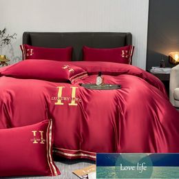 Top Lux Summer Washed Silk Four-Piece Set Ice Tencel Solid Colour Bed Sheet Quilt Cover Embroidery Bedding Gift Kit Wholesale