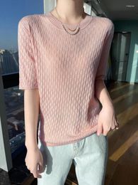 Women's T Shirts Summer Cashmere Real Silk High-End Knitted Worsted T-Shirt Women Crew Neck Ultra-Thin Smooth Tee Pure Wool CN Size Tshirts