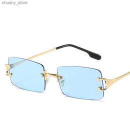 Sunglasses XaYbZc Blue Rectangular Sunglasses Rimless Men Metal Fashion Square Sun Glasses For Women Gradient Lens Frameless 2024 UV400 Y240416