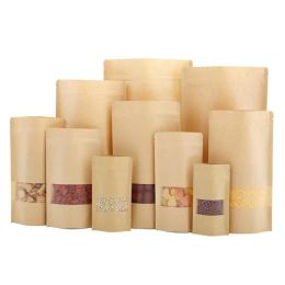 wholesale Kraft Paper Bag Zipper Stand Up Food Pouches with Transparent Window Reusable Bags for Coffee Tea LL
