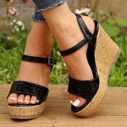 Sandals Thick sole ankle buckle wedge sandals for womens fashion PU leather platform sandals for womens summer anti slip ultra-high heels sandals J240416