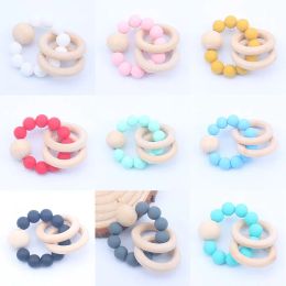 Natural Wooden Pacifier clips Ring Teethers for Baby Health Care Accessories Infant Fingers Exercise Toys Colorful Silicon Beaded ZZ