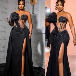 Black Mermaid Dresses Sexy With Detachable Train Crystal Sequined Prom Gowns Long Sleeves Sheer Bateau Neck Side Split Overskirts Formal Evening Dress