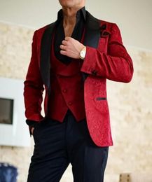 Lace Vintage Groom Tuxedos Groomsmen Red White Black Shawl Lapel Man Suit Wedding Men039s Blazer Suits Custom Made Jacket4174942