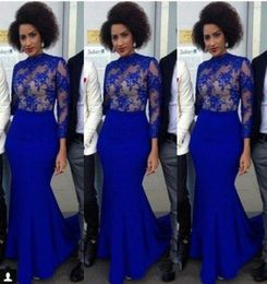 2019 Royal Blue Arabic Dresses Mermaid Evening Wear Jewel Sheer Neck Long Sleeves Prom Dresses Lace nigerian Style Cocktail Evenin8094879