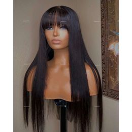 Brazilian Straight With Bangs Fringe Bob Human Hair For Women Glueless None Full Lace Wig Synthetic Heat Resistant