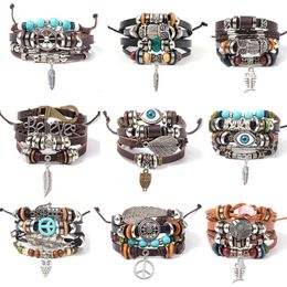 Mens and Womens Turquoise Leather Wooden Bead Bracelet Handwoven Diy Multi Layer Set