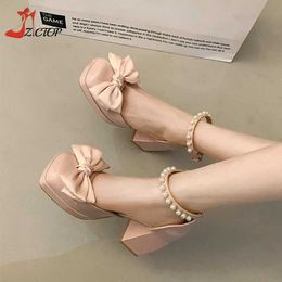 Sandals Pink Bow High Heel Platform Pump Womens 2024 Summer Fashion Sweet Square Toe Thick Sandals Party Wedding Shoes Womens J240416