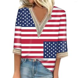 Women's T Shirts Shirt Blouse Casual Loose 3/4 Sleeve Lace Independence Day Print V Neckops Printops-Shirtsee Cropped