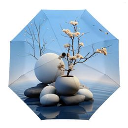 Umbrellas Zen Stones Branch Flower Automatic Umbrella Travel Folding Portable Parasol Windproof