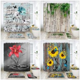 Shower Curtains Rustic Wooden Panel Floral Curtain Set Grey Butterfly Sunflower Farmhouse Style Art Bathroom Decor