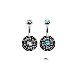 Navel Bell Button Rings 2Pcs/Set Vintage Round Sexy Wasit Belly Dance Crystal Body Jewellery Stainless Steel Piercing Dangle For Wom Dhpuh