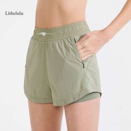 Running Green Lu Align Sports Shorts Women Pocket Loose Dry Two Piece Fiess Yoga Joggings Gym Lemon Gym Running Workout