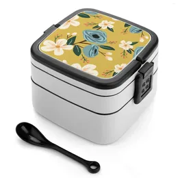 Dinnerware Yellow And Blue Floral Bento Box School Kids Lunch Rectangular Leakproof Container Flower Botanical Pattern