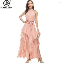 Casual Dresses Women's Runway Halter Sleeveless Ruffles Lace Up Belt Fashion Designer Party Prom Gown