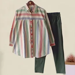 Women's Two Piece Pants Women Striped Print Suit Set Commute Top Contrast Colour Shirt With Lapel Blouse For Ladies