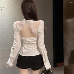 Women's Blouses Sexy Women Shirt Fashion Slim Office Lady Backless Elegant Casual Lace Blouse Korean Hollow Out Back V-neck White Tops