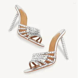 Sandals High Heels Shoes Slippers Sandalias Zapatillas Mujer Women Lady Designer Poined Toe Mules Silver Crystal Bridal Wedding