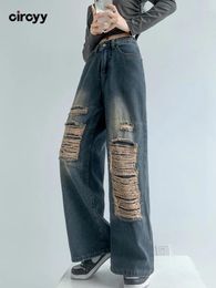 Women's Jeans Ripped For Women High Waisted 2024 Autumn Full Length Button Loose Washed Trousers Streetwear Vintage Wide Leg Pants