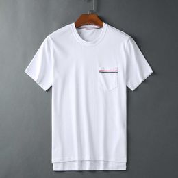 JL Fashion Round Neck T-shirt Pocket Weaving Strap Plain Pattern New White Short Sleeve Couple Summer Leisure Sports T-shirt