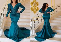 Turquoise Mermaid Evening Dresses Long Sleeves Satin Beaded V Neck Ruched Pleats Custom Made 2022 Prom Party Gown Sweep Train Cele6055343