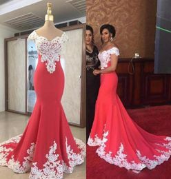 Water Melon Color Prom Dresses 2019 White Lace Appliques Cap Sleeves Mermaid Evening Gowns Sweep Train Arabic Formal Party Dress5774685
