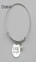 I AM ENOUGH Inspirational Hand Stamped Engraved Custom Pendant Charm Wire Expandable Handmade Bangle Bracelet Jewelry10PcsLot 4693986