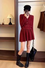 Work Dresses Sweet Fashion V-neck Knitwear Pleated Skirt Two-piece Set Women Single Breasted Fried Dough Twists French Solid Slim Sweater