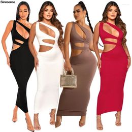 Casual Dresses Women One Shoulder Bodycon Maxi Dress Sexy Sleeveless Cut Out Ruched Slim Cocktail Party Long Night Clubwear Outfits